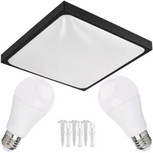 LED stropní svítidlo 2xE27 čtvercové černé + 2x E27 10W neutrální bílá žárovka